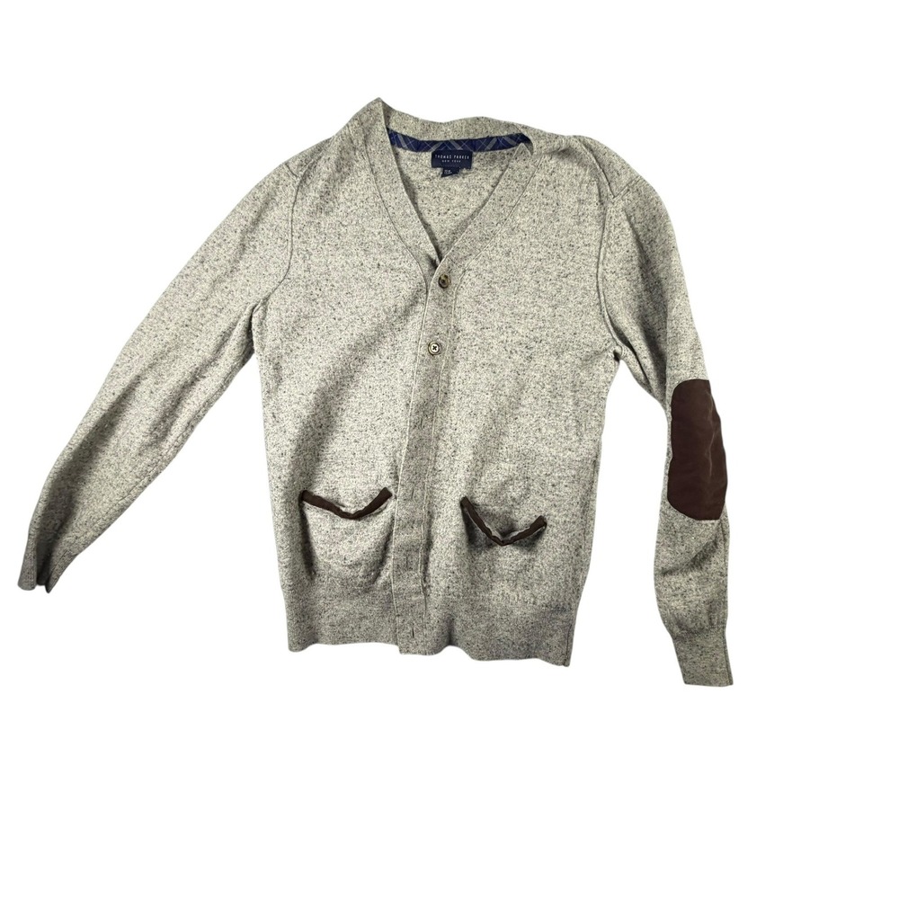 Thomas Parker Cardigan Mens Medium Grey Wool Cotton Blend Elbow Patch Good